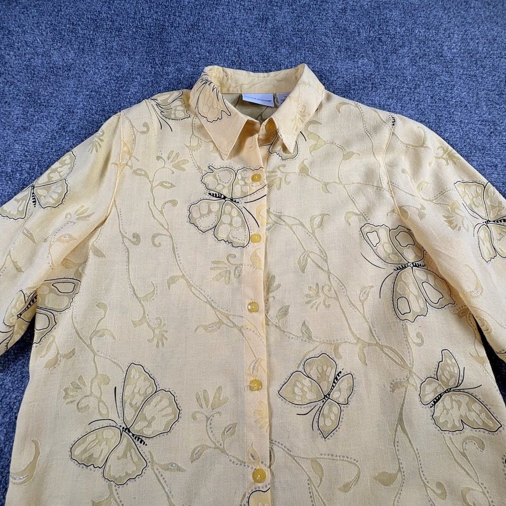 Alfred Dunner Blouse Women 14 Yellow Butterfly Button Up Silver Sparkle Coastal - Picture 2 of 12